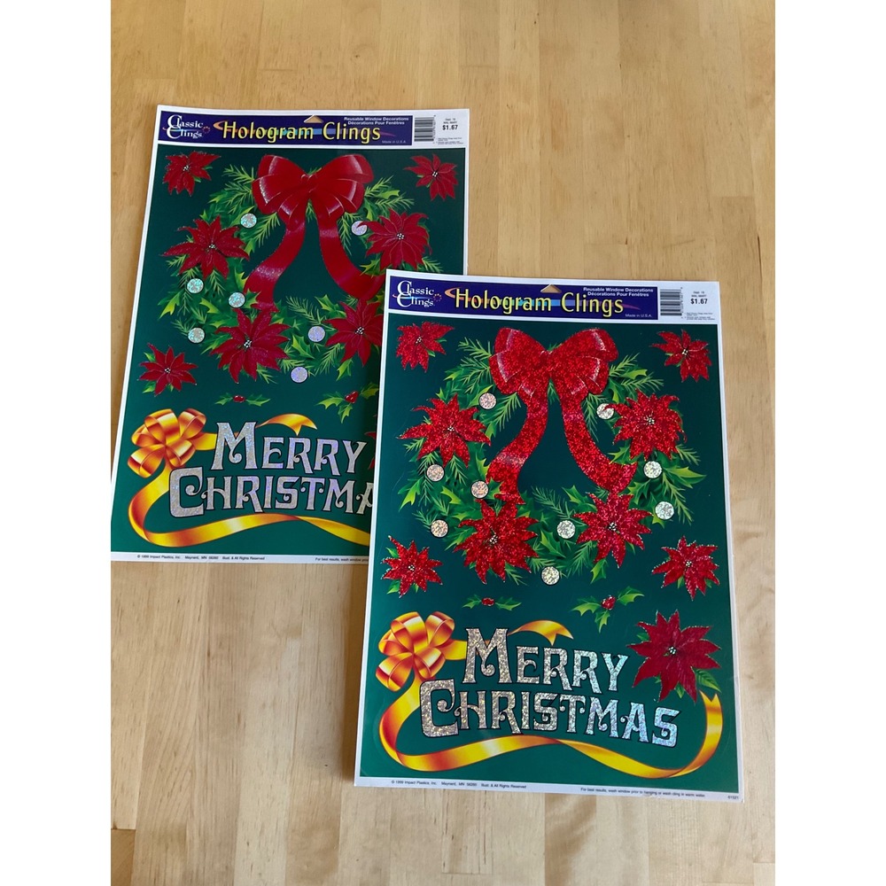 Vintage 1999 Classic Clings Hologram Christmas Window  Wreath Poinsettia 2 lot